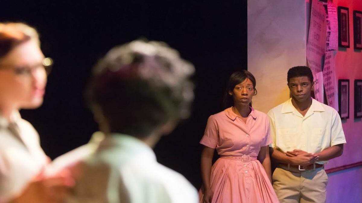 Central High School vice principal Huckaby (Leah Swank-Miller) comforts Minnijean Brown (Rasheedat Badejo) as fellow Little Rock Nine students Melba Pattillo (Dianne Yvette) and Ernest Green (Donovan Woods) look on. “The Nine Who Dared: Courage in Little Rock” plays through Oct. 21 at the Coterie theater in Crown Center.