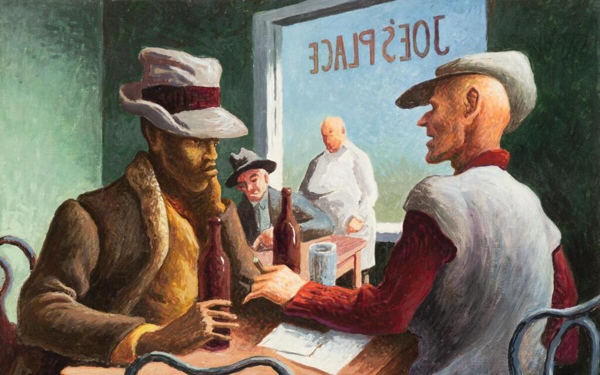 
“Discussion” by Thomas Hart Benton, depicting a worker and a union representative, sold for $1,052,500 in Chicago on Wednesday. The presale estimate was $200,000 to $400,000.
