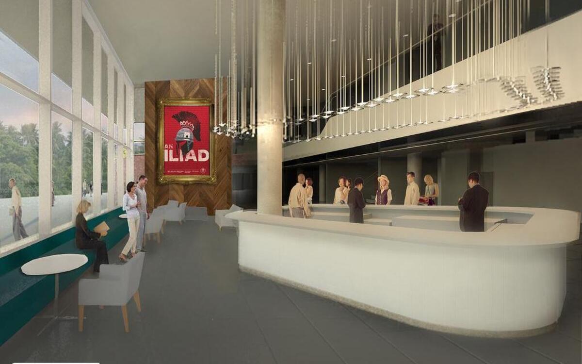 
Kansas City Repertory Theatre broke ground this week on a major renovation of the Spencer Theatre at the James C. Olson Performing Arts Center on UMKC campus. This rendering envisions the redesigned lobby. 
