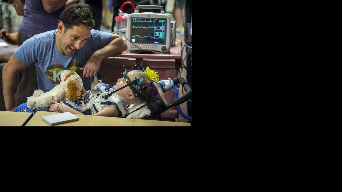 Kansas City native and actor Paul Rudd had cheerful words Friday for Aubrie Sanborn, 4, of Wichita at Children’s Mercy Hospital.