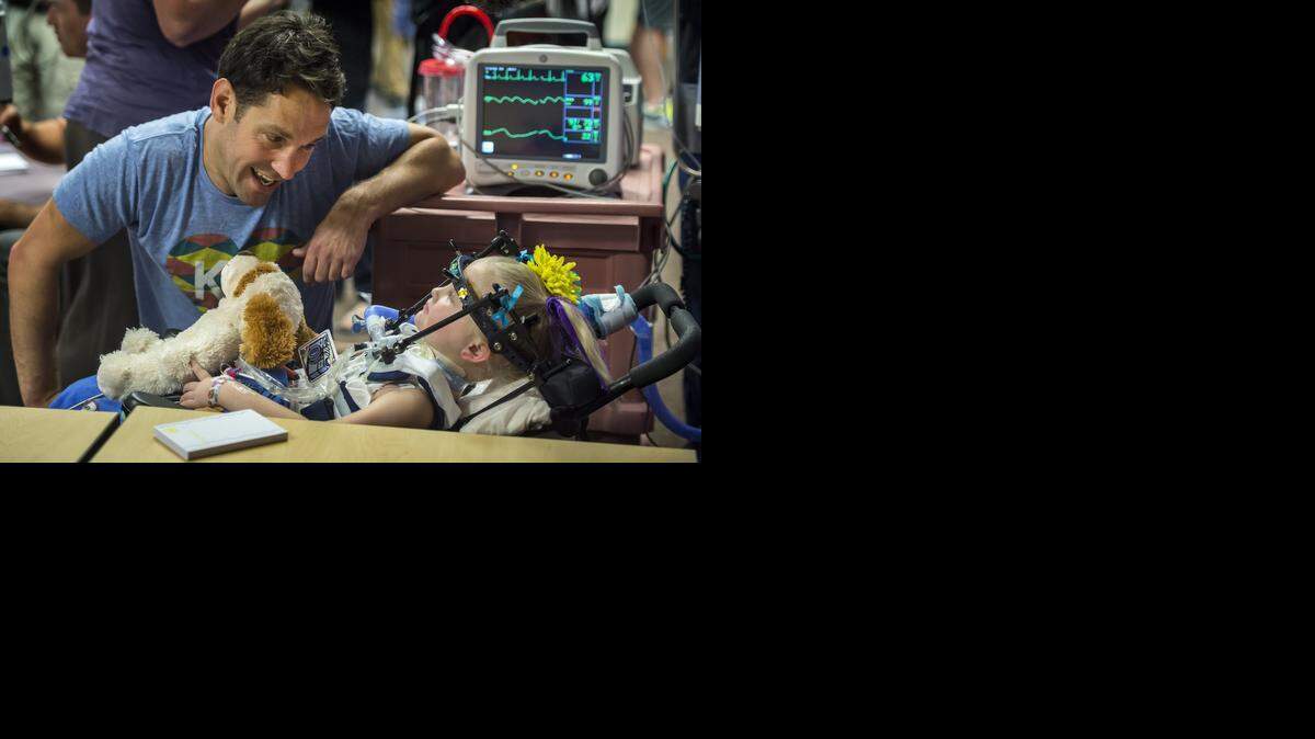 Kansas City native and actor Paul Rudd had cheerful words Friday for Aubrie Sanborn, 4, of Wichita at Children’s Mercy Hospital.