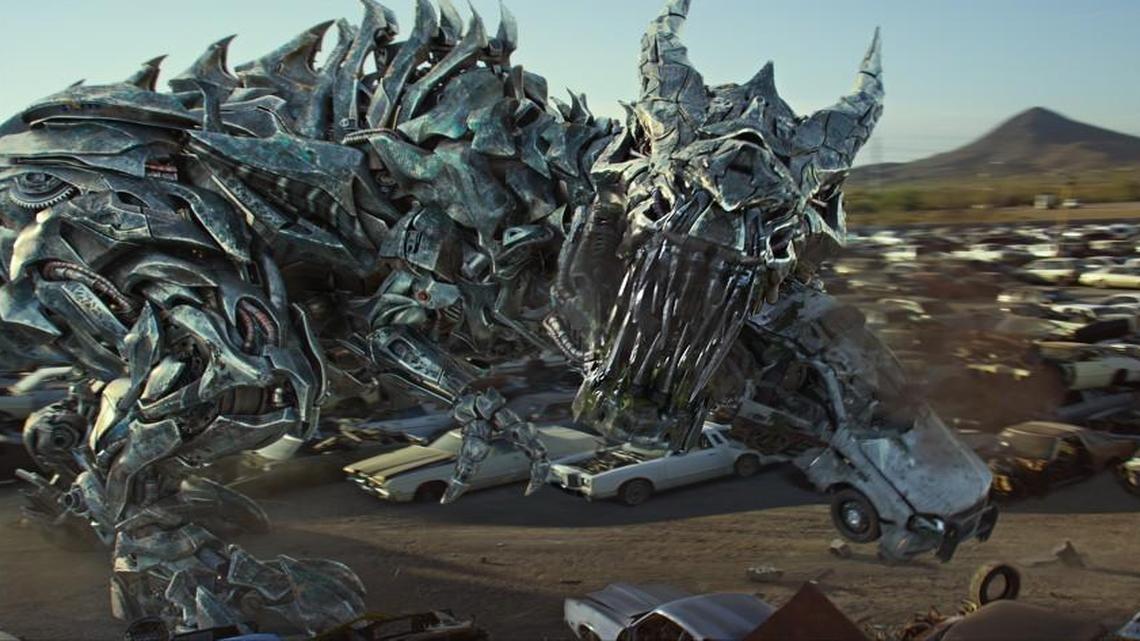 This image released by Paramount Pictures shows Grimlock in a scene from, “Transformers: The Last Knight.”