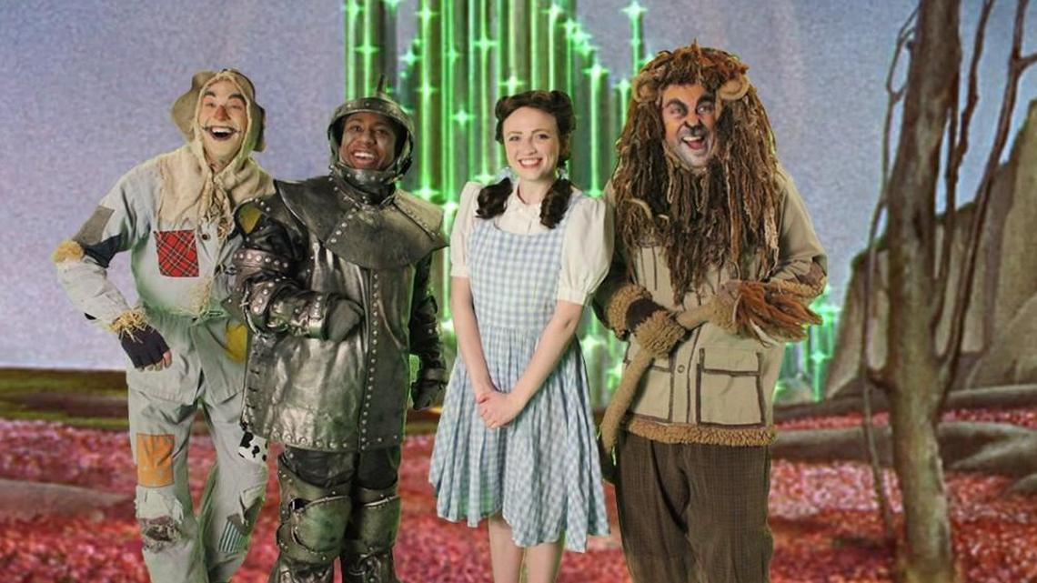 Scarecrow (Jordan Fox), Tin Man (Brian McKinley), Dorothy (Chelcie Abercrombie) and the Cowardly Lion (Robert Hingula) are on their way to the Emerald City in “The Wizard of Oz,” coming to Providence Medical Center Amphitheatre Aug. 1-5.