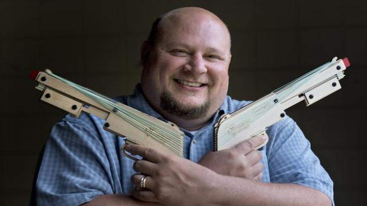 Bob Coulston of Kansas City, North, is the founder of Bandit Guns, which makes multiple-action rubber band guns.