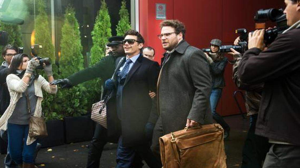 
In “The Interview,” the CIA plans to kill North Korean leader Kim Jong Un via a bumbling American talk show host (James Franco, left) and his producer (Seth Rogen).
