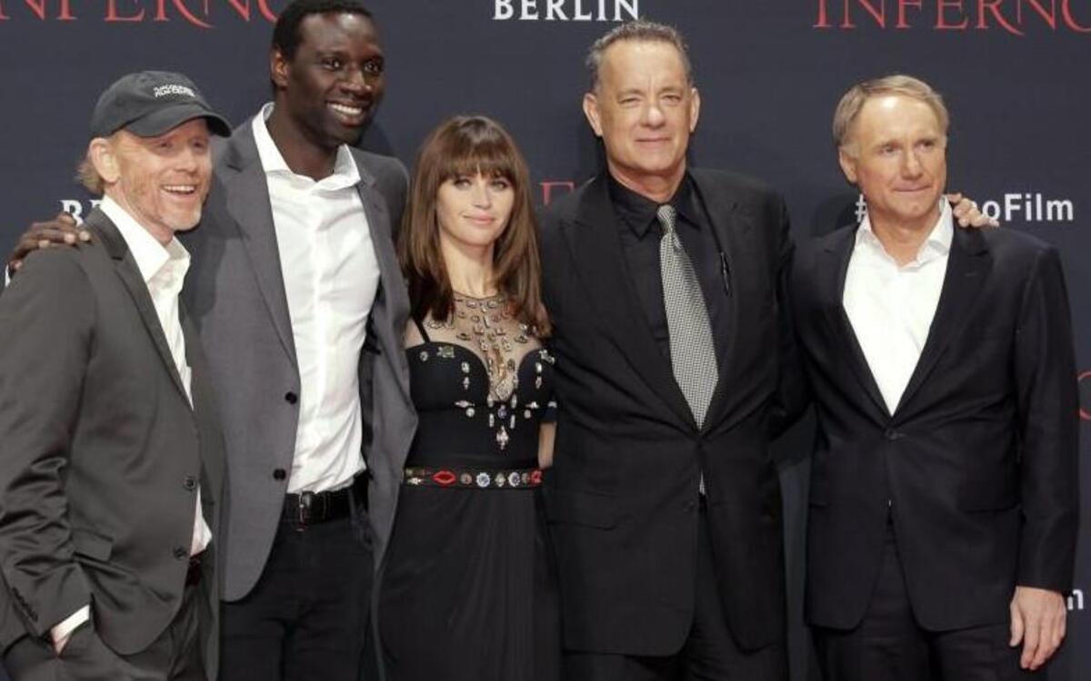 On the “Inferno” red carpet (from left): director Ron Howard, actors Omar Sy, Felicity Jones and Tom Hanks and author Dan Brown.