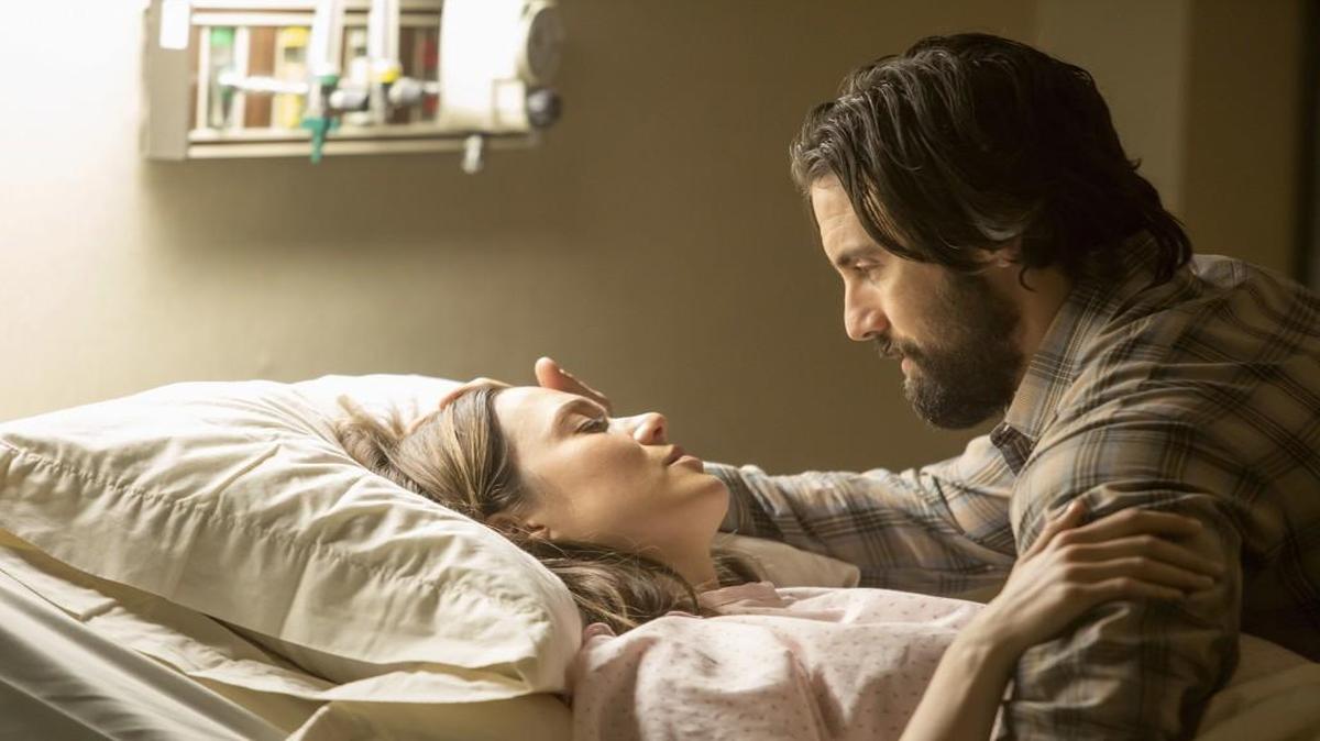 A “This Is Us” flashback to Rebecca and Jack (Mandy Moore and Milo Ventimiglia) on the day their kids were born. The season finale, which may reveal Jack’s fate, airs Tuesday night.
