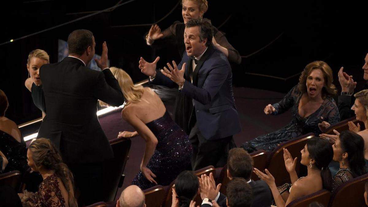 Actor Mark Ruffalo reacts in the audience after "Spotlight" won the award for best picture at the Oscars on Sunday, Feb. 28, 2016, at the Dolby Theatre in Los Angeles.