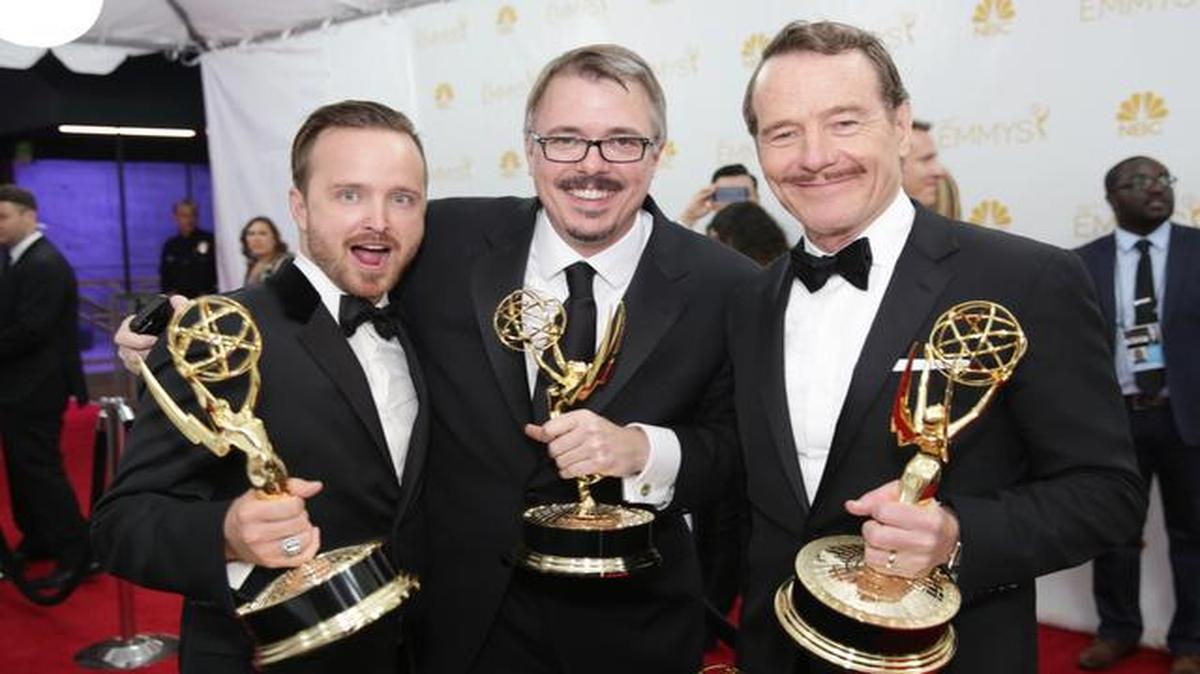 
“Breaking Bad” did good at the Emmy Awards Monday night, bringing wins for supporting actor Aaron Paul (from left), series creator Vince Gilligan and actor Bryan Cranston.
