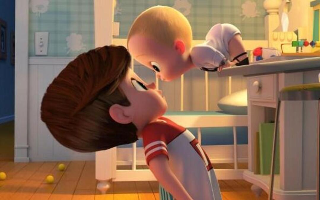 Tim (voiced by Miles Bakshi) is confronted by his family’s newest arrival, Boss Baby (Alec Baldwin).