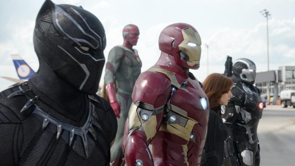 (From left) Black Panther (Chadwick Boseman), Vision (Paul Bettany), Iron Man (Robert Downey Jr.), Black Widow (Scarlett Johansson) and War Machine (Don Cheadle team up in “Captain America: Civil War.”