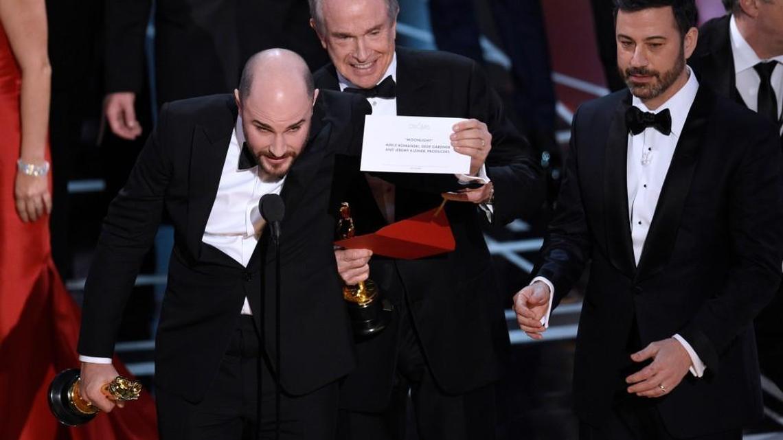 Jordan Horowitz, producer of “La La Land,” shows the envelope revealing “Moonlight” as the true winner of best picture at the Oscars on Sunday.