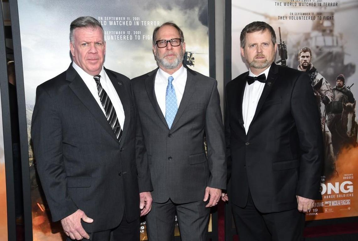 The character portrayed by Chris Hemsworth in “12 Strong” is based on former Maj. Mark Nutsch (right), who attended the world premiere of the movie Jan. 16 in New York along with Lt. Gen. John F. Mulholland Jr. (left) and Retired Chief Warrant Officer Bob Pennington.