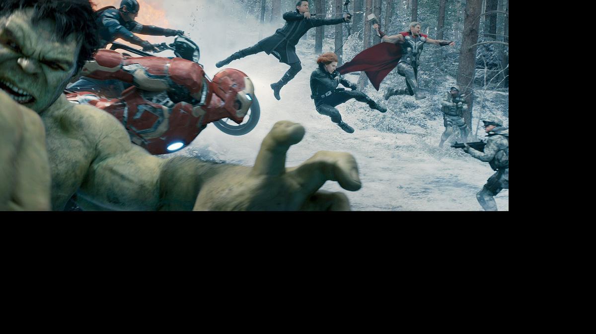 
 Hulk (Mark Ruffalo), Captain America (Chris Evans), Iron Man (Robert Downey Jr.), Hawkeye (Jeremy Renner), Black Widow (Scarlett Johansson) and Thor (Chris Hemsworth) in “Avengers: Age Of Ultron.” 
