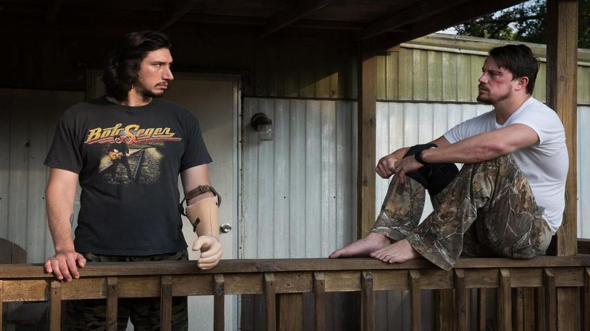 Brothers Clyde and Jimmy Logan (Adam Driver, left and Channing Tatum) plot a heist.