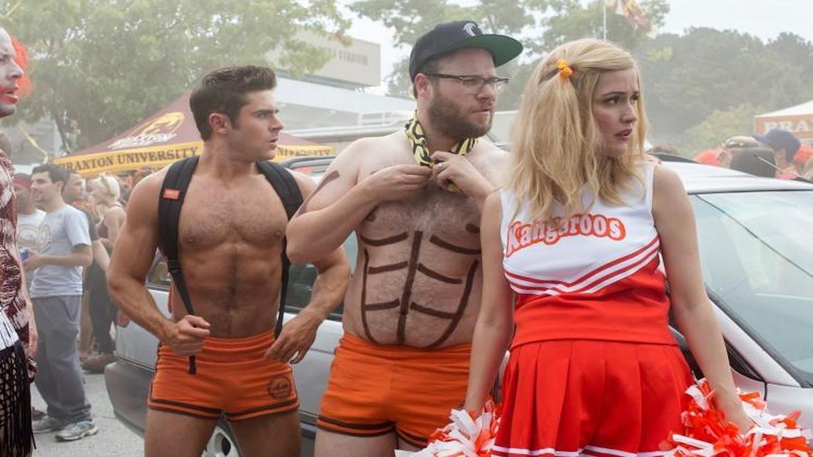 An upstart sorority is nothing but trouble for young and older alike. From left: Carla Gallo, Ike Barinholtz, Zac Efron, Seth Rogen and Rose Byrne.