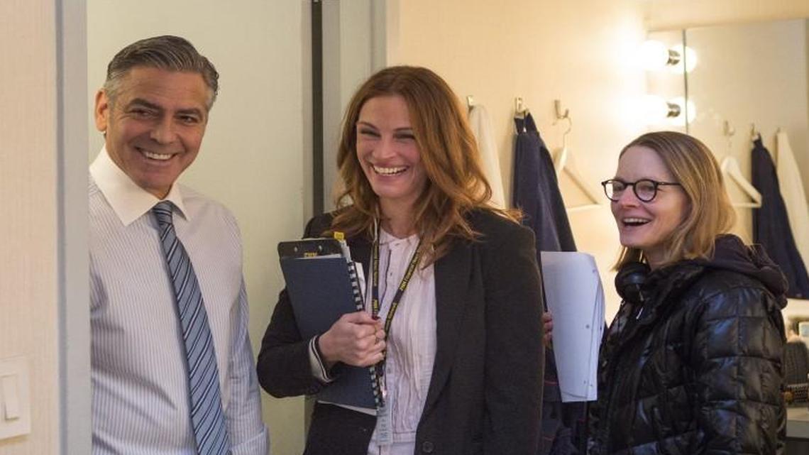 The stars of “Money Monster,” George Clooney and Julia Roberts, were rarely on the set together due to scheduling issues, says director Jodie Foster (right).
