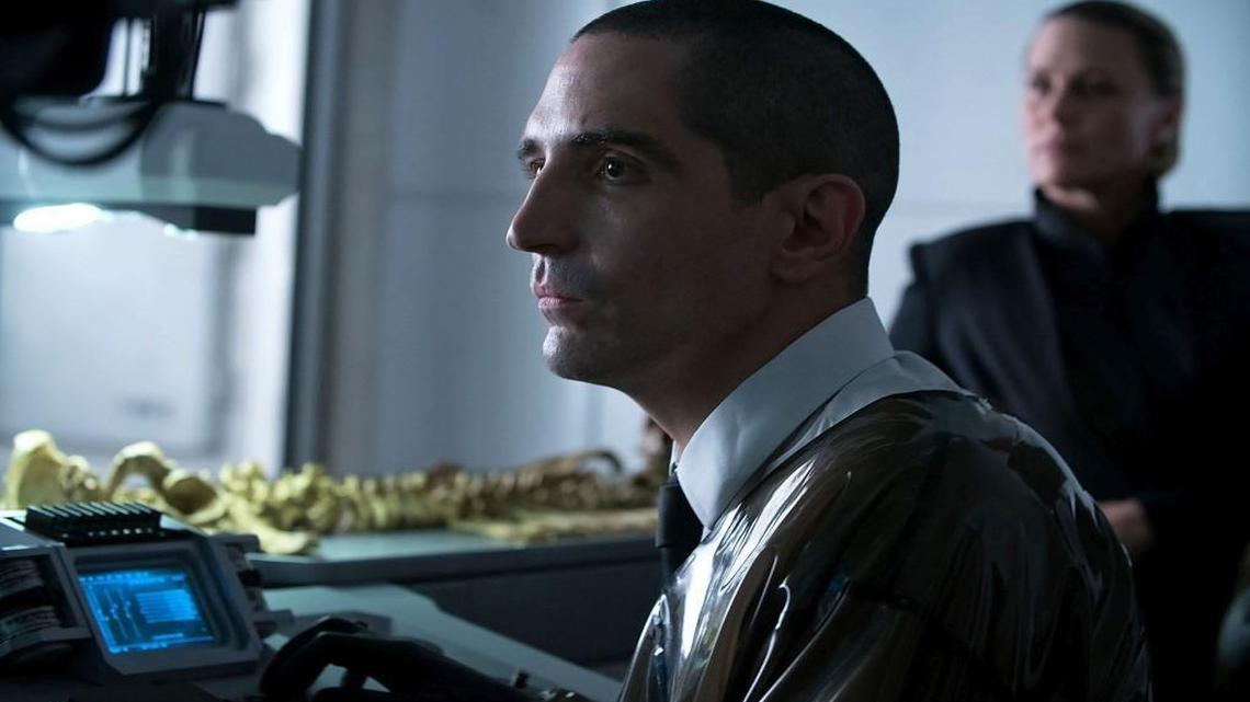 In “Blade Runner 2049,” David Dastmalchian plays Coco, a forensics expert who analyzes bones. Robin Wright (right) is the blade runners’ boss.