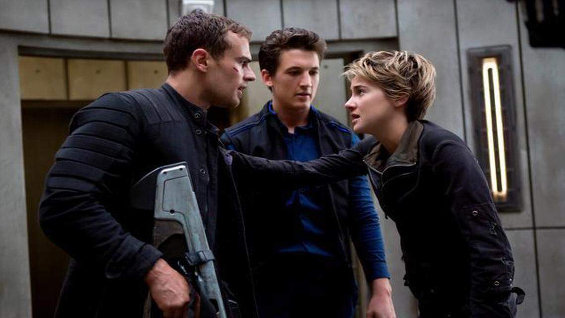 
Rebels don’t always get along: boyfriend Four (from left, Theo James), troublemaker Peter (Miles Teller) and Tris (Shailene Woodley).
