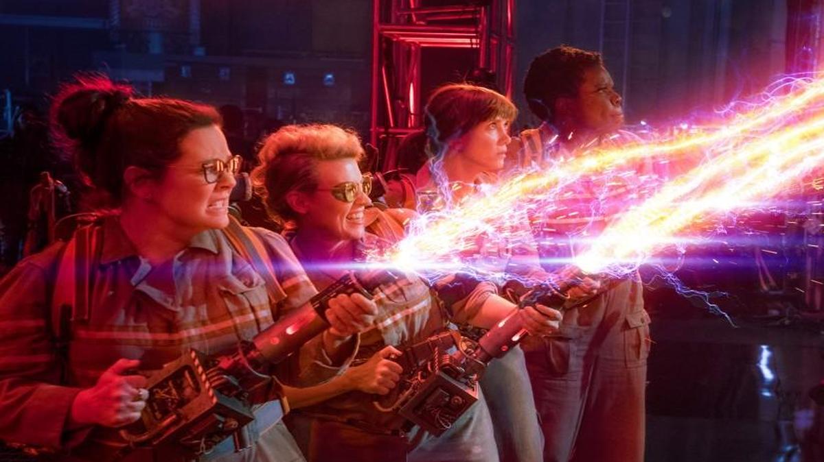 The new crew of Ghostbusters (from left): Abby (Melissa McCarthy), Jillian (Kate McKinnon), Erin (Kristen Wiig) and Patty (Leslie Jones), firing away at a new crop of paranormal marauders.