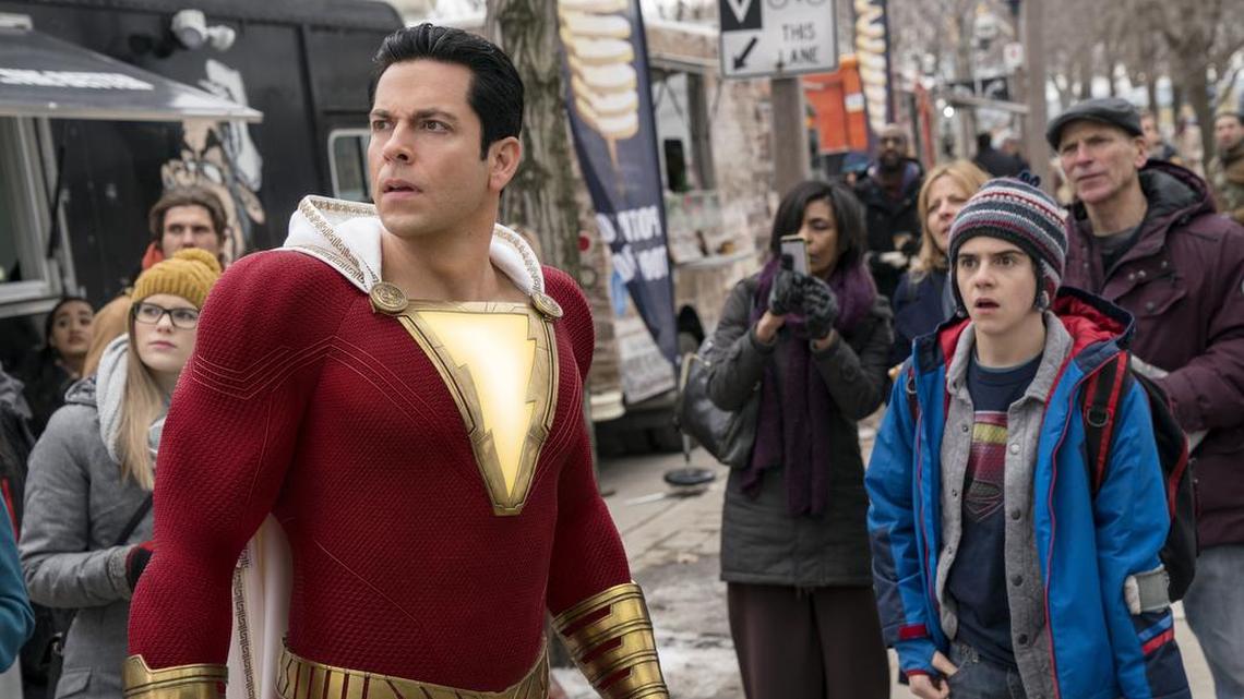 Shazam (Zachary Levi, left) is the alter-ego of a foster kid, and he relies on his superhero-obsessed friend (Jack Dylan Grazer) to help him understand what he’s capable of.