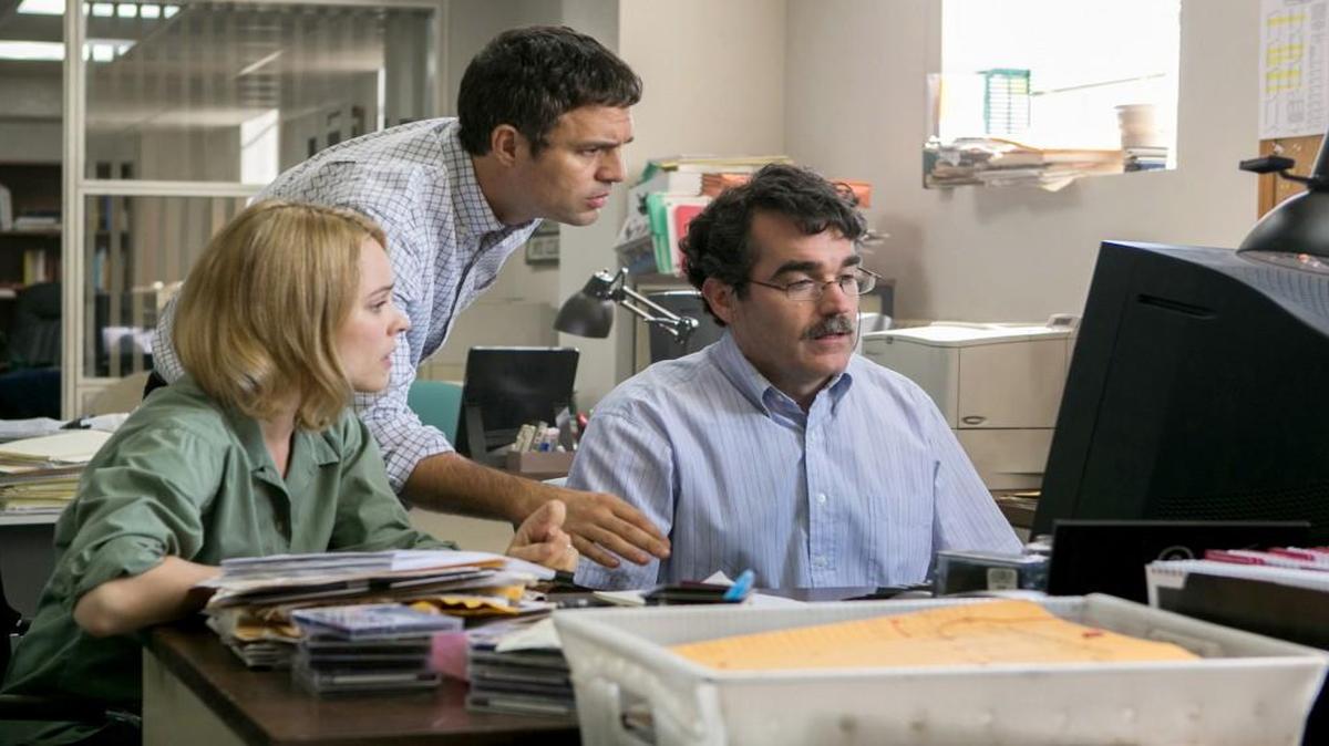 “Spotlight,” a likely Oscar contender, chronicles the Pulitzer Prize-winning Boston Globe team that exposed the Catholic Church’s sexual molestation scandal. Rachel McAdams (from left), Mark Ruffalo and Brian d’Arcy James are among the stars.