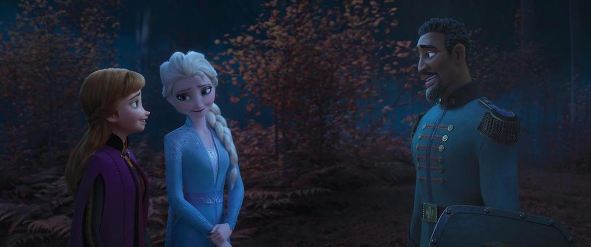 In “Frozen 2,” Anna (voice of Kristen Bell) and Elsa (Idina Menzel) meet Lt. Destin Mattias (Sterling K. Brown)in the enchanted forest. They recognize him from portraits in their castle as one of their father’s protectors from long ago.