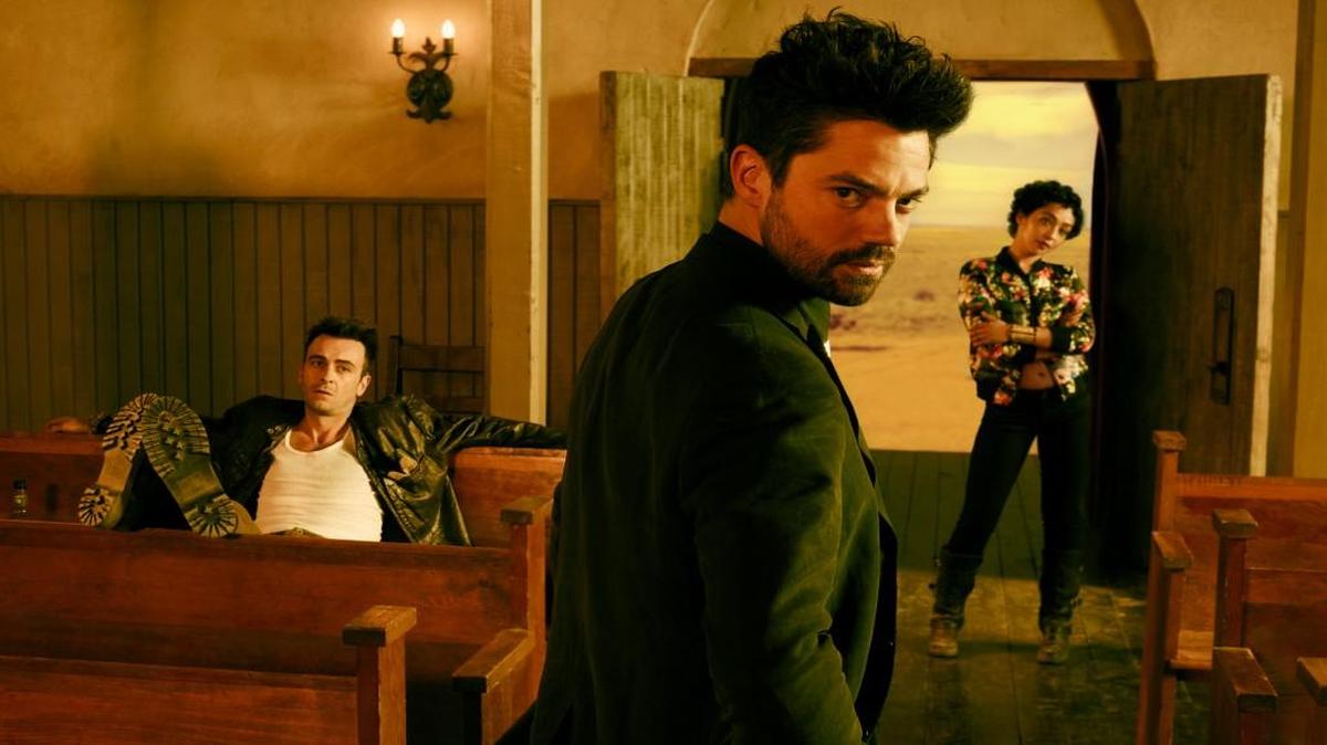 The cast of the AMC series “Preacher” includes (from left) Joseph Gilgun as Cassidy, Dominic Cooper as Jesse Custer and Ruth Negga as Tulip O’Hare.