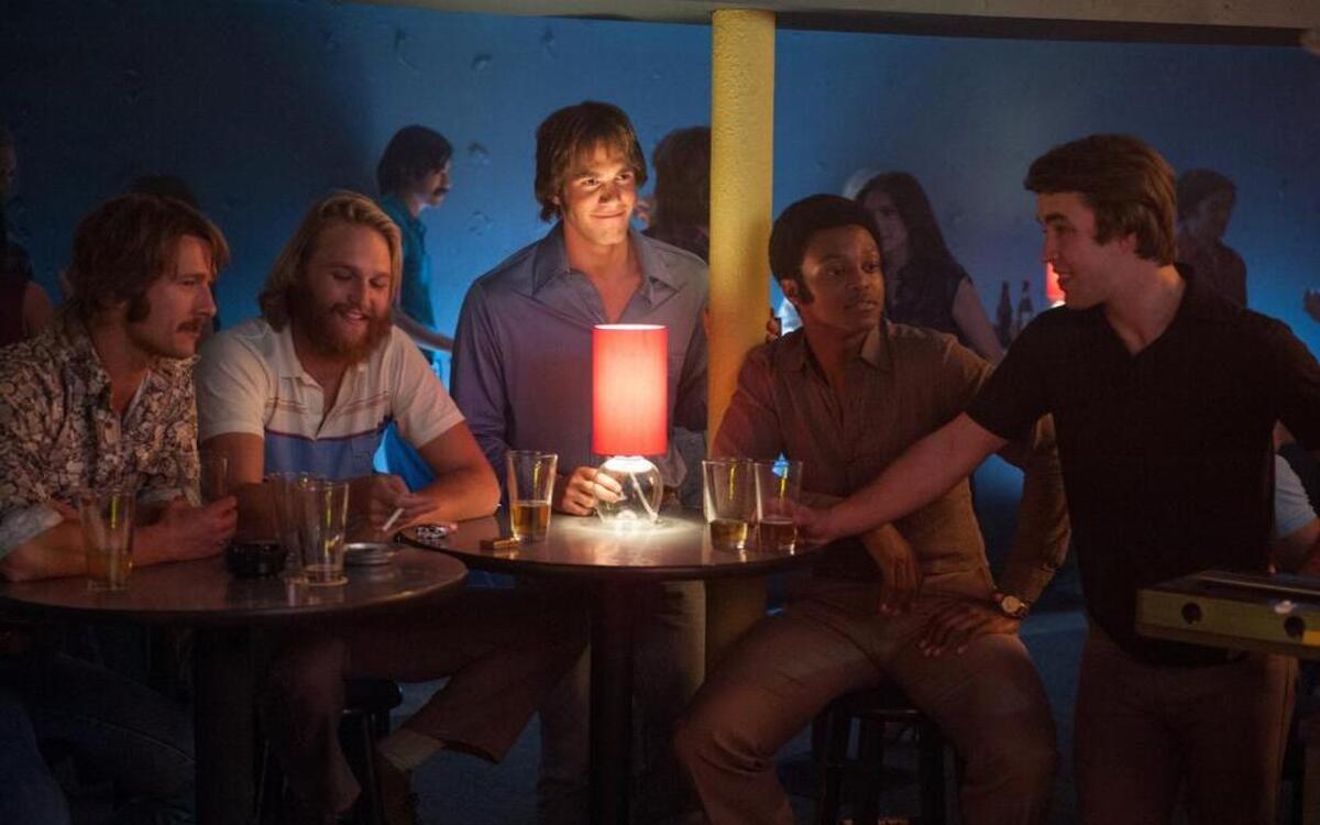 “Everybody Wants Some!!” about a college baseball team in 1980, stars Glen Powell (from left), Wyatt Russell, Blake Jenner, J. Quinton Johnson and Temple Baker. Powell, Russell and Johnson were in KC recently to promote the film.