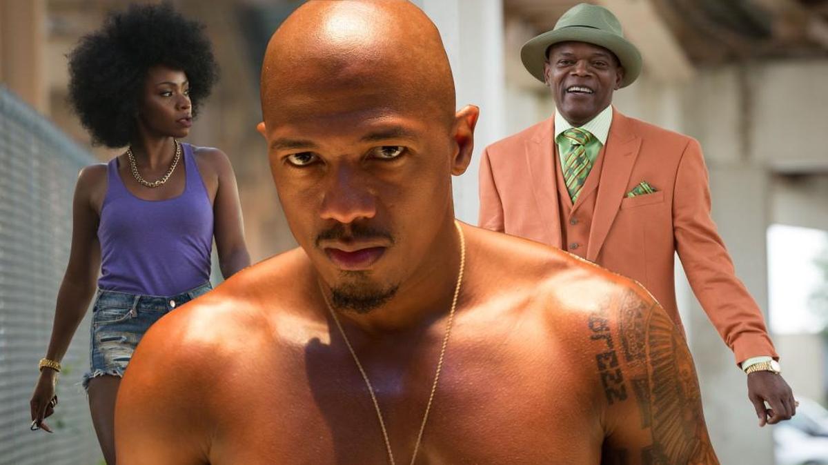 Gang leader Chi-Raq (Nick Cannon, center) must be stopped, so Lysistrata (Teyonah Parris) comes up with an unusual plan — all narrated in verse by a dapper Samuel L. Jackson.