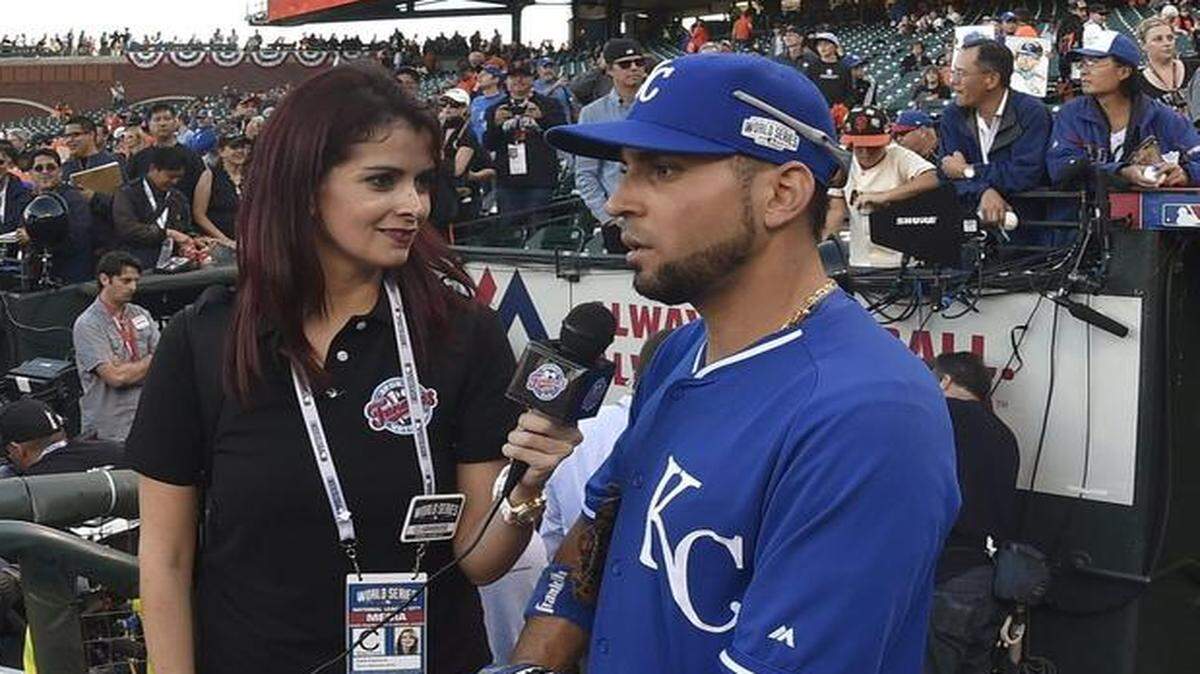 
Kansas City Royals second baseman Omar Infante gets interviewed before the start of game three of the World Series on Friday
