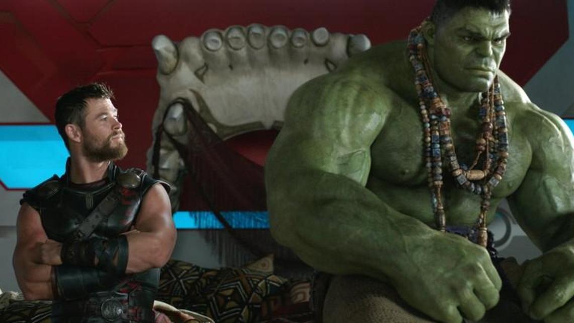 Thor (Chris Hemsworth, left) and the Hulk (Mark Ruffalo) bond while imprisoned on a planet where they are forced to participate in gladiatorial contests in “Thor: Ragnarok.”