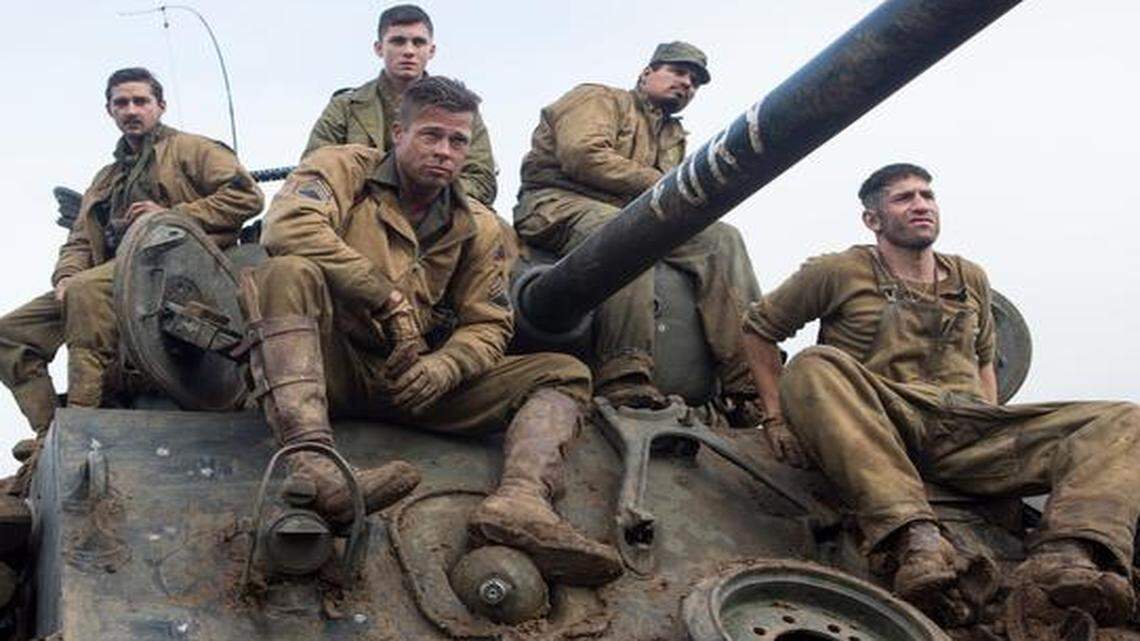 
The crew of Fury: Boyd “Bible” Swan (Shia LaBeouf), Norman (Logan Lerman), Wardaddy (Brad Pitt), Trini “Gordo” Garcia (Michael Pena) and Grady Travis (Jon Bernthal). 

