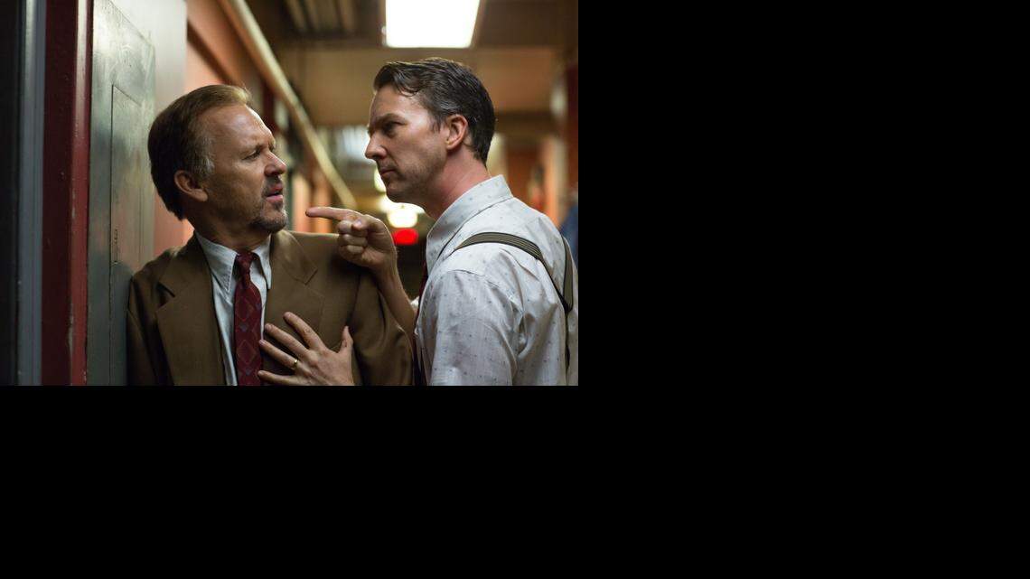 
Edward Norton (right), best known for characters like the office drone turned brawler in “Fight Club,” is Mike in “Birdman.” Michael Keaton portrays Riggan. 
