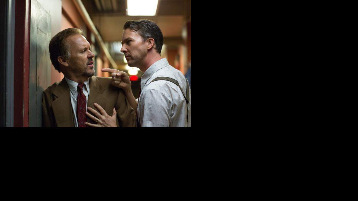 
Edward Norton (right), best known for characters like the office drone turned brawler in “Fight Club,” is Mike in “Birdman.” Michael Keaton portrays Riggan. 
