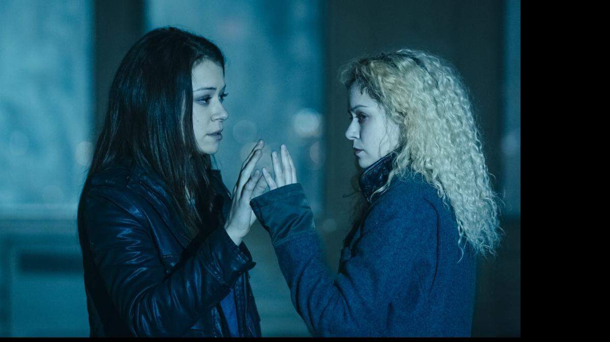 
Clones Sarah and Helena, both played by Tatiana Maslany, make a tenuous connection in BBC America’s “Orphan Black.” Season three premieres Saturday.
