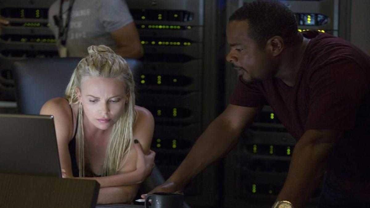Charlize Theron and director F. Gary Gray on the set of “The Fate of the Furious.”