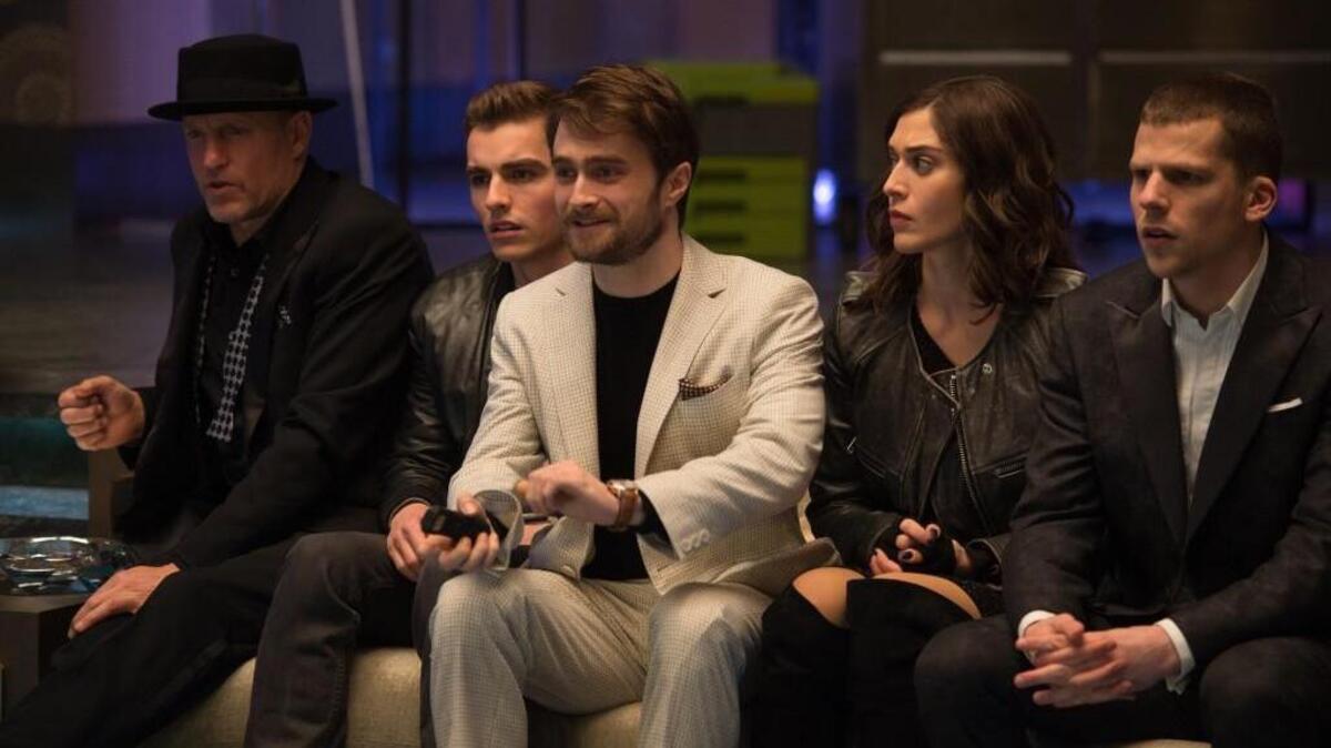 A bearded Daniel Radcliffe (center) tries to manipulate some magicians (from left: Woody Harrelson, Dave Franco, Lizzy Caplan and Jesse Eisenberg).