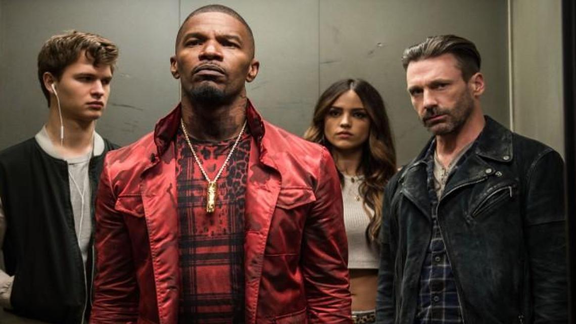 Baby (Ansel Elgort, from left), Bats (Jamie Foxx,) Darling (Eiza Gonzalez) and Buddy (Jon Hamm) decide to carry out a heist.