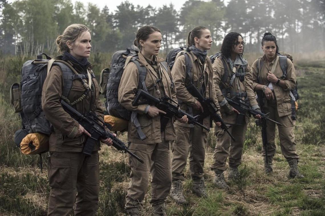 A group of women (Jennifer Jason Leigh, from left, Natalie Portman, Tuva Novotny, Tessa Thompson and Gina Rodriguez) prepare to enter an unknown world in “Annihilation.”