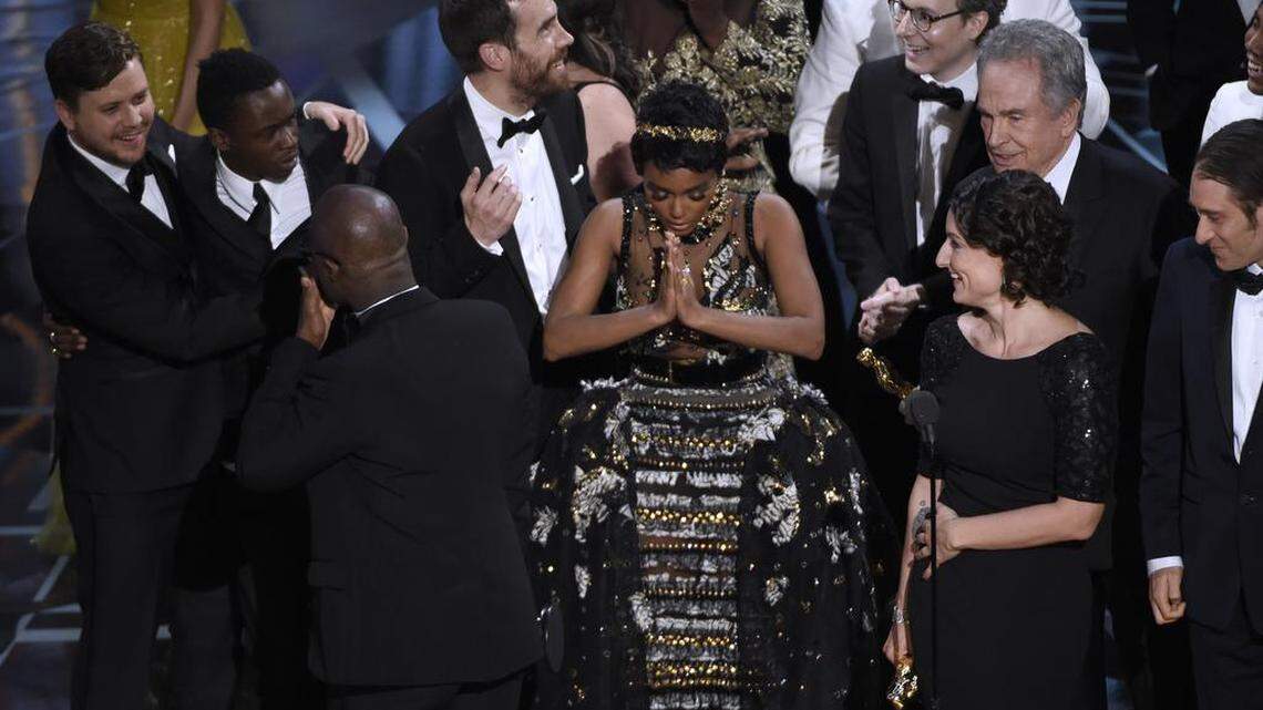 KCK native Janelle Monae on stage as part of the "Moonlight" crew after they found out the movie had won best picture.