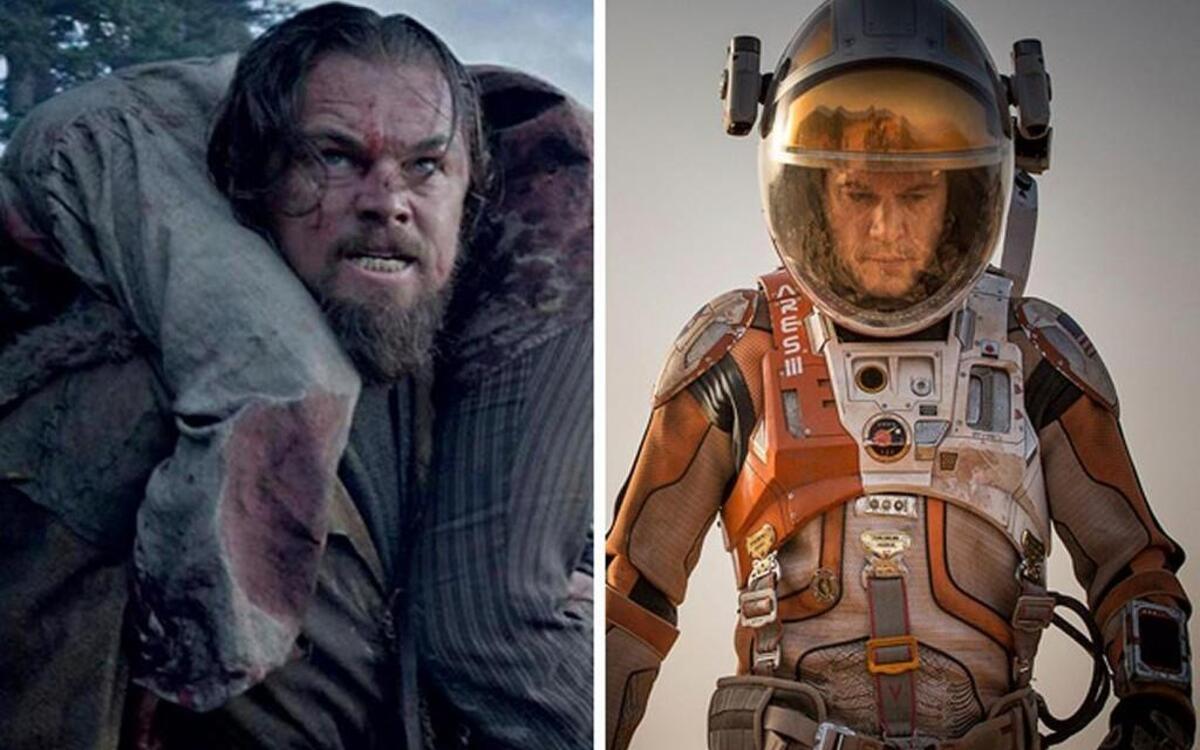 Leonardo DiCaprio in “The Revenant” (left) beat “Martian” Matt Damon for best actor, but their movies were a different story.