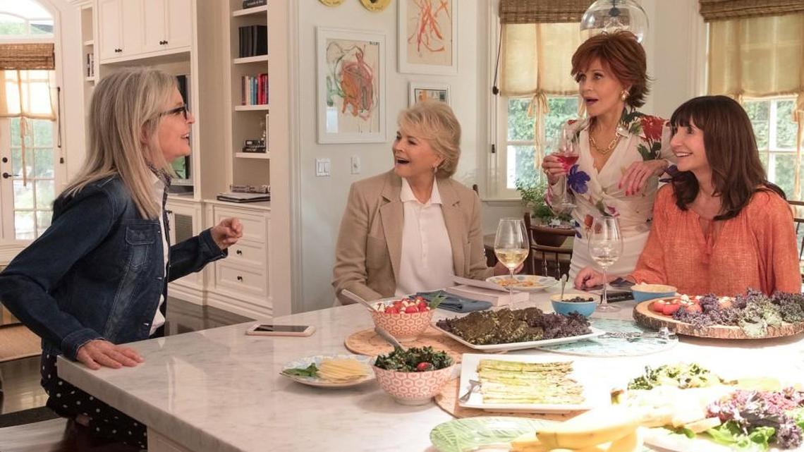 Friends Diane (Diane Keaton, left), Sharon (Candice Bergen), Vivian (Jane Fonda) and Carol (Mary Steenburgen) talk about more than literature in “Book Club.”
