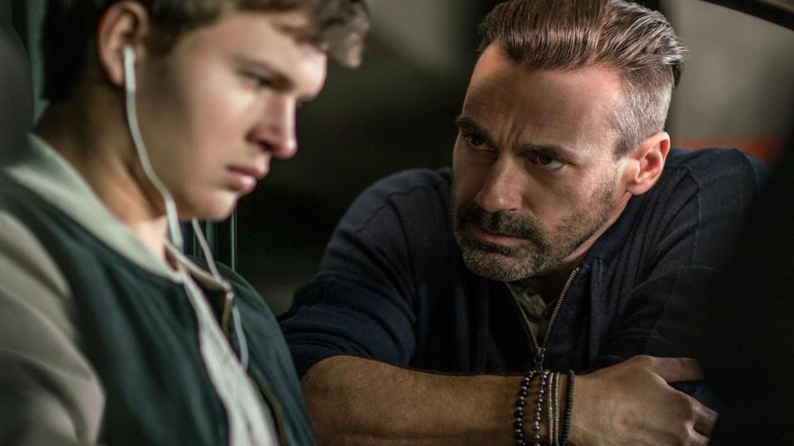 In “Baby Driver,” a scruffy Jon Hamm is a criminal named Buddy, who confronts his group’s masterful driver (Ansel Elgort).