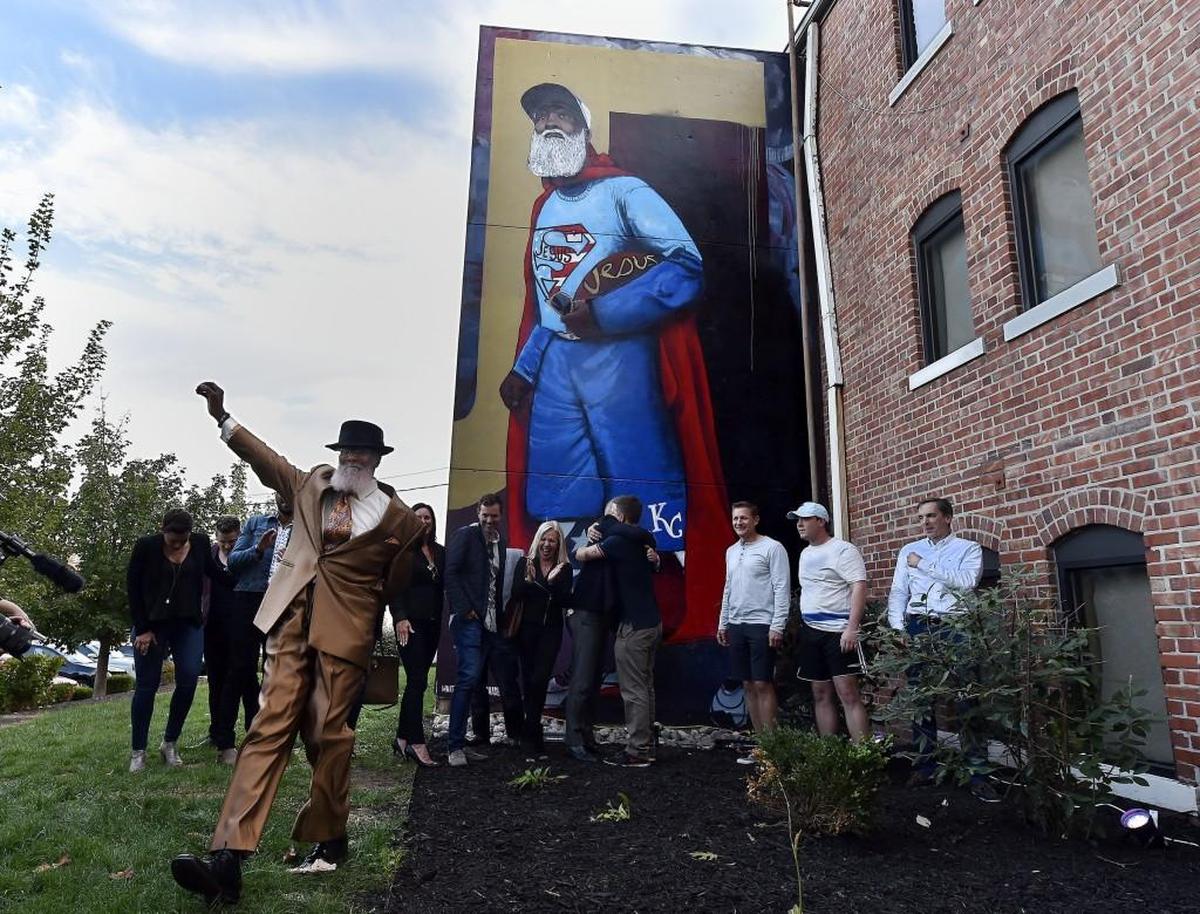 The costumed marathoner, KC Superman, aka Michael Wheeler, was memorialized with a mural in Westport, painted by Whitney Kerr and Chase Hunter.