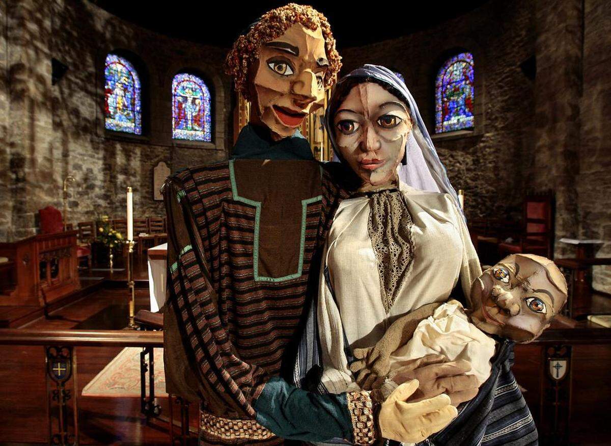 Paul Mesner Puppets’ “The Nativity” features larger-than-life-size puppets of Joseph, Mary and baby Jesus.