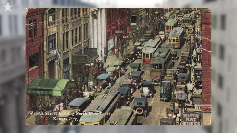 Was Walnut Street in downtown Kansas City really this busy in the early 20th century?