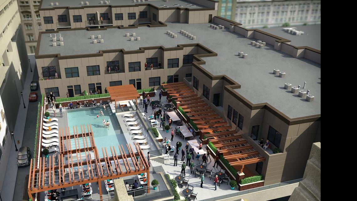 
Power & Light Apartments’ rooftop pool area will have large open decks, a grilling area, an outdoor theater, hot tub and saltwater pool.
