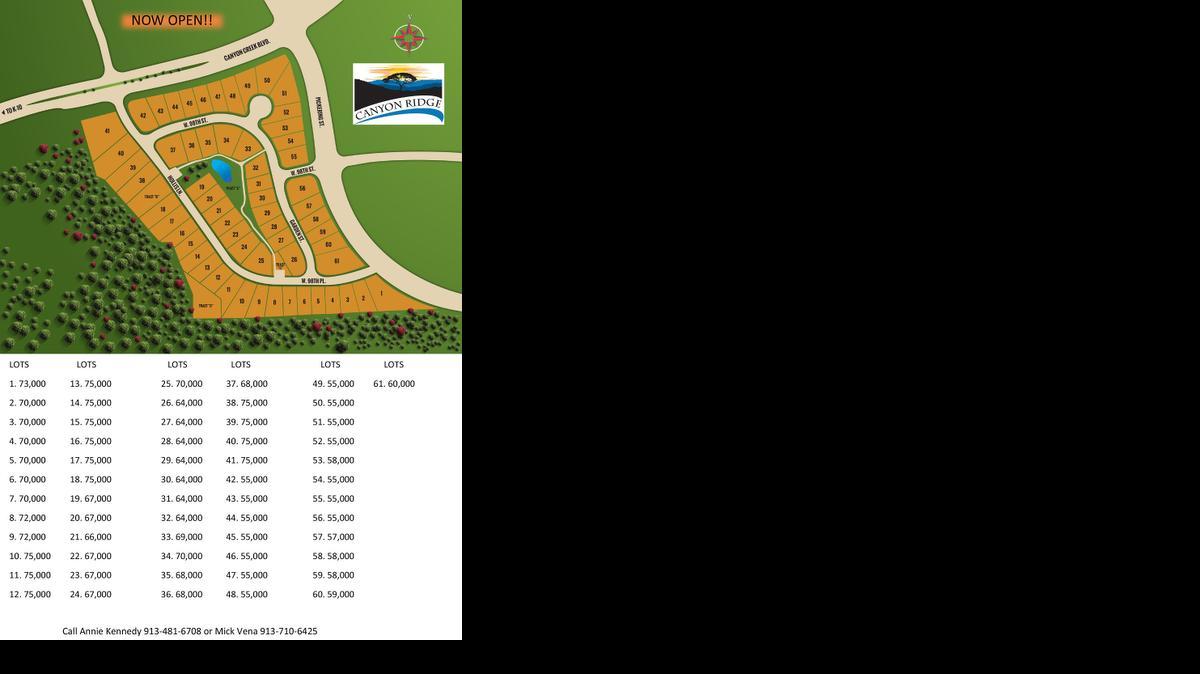
Canyon Ridge offers only 61 home sites and is situated on heavily treed, rolling terrain just north of Kansas 10 on Canyon Creek Parkway.
