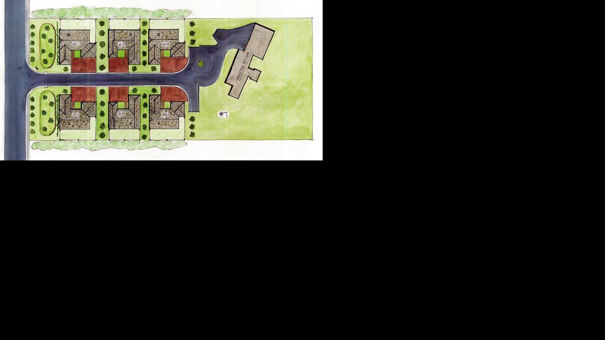 
This illustration shows the six home sites, designed for homes emphasizing main-level living, which will be included in the Chadwick Court maintenance-provided enclave. 
